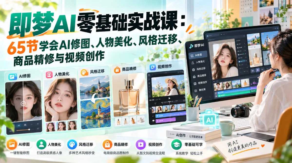 即梦AI零基础实战课:65节学会AI修图、人物美化、风格迁移、商品精修与视频创作-智富思维学堂
