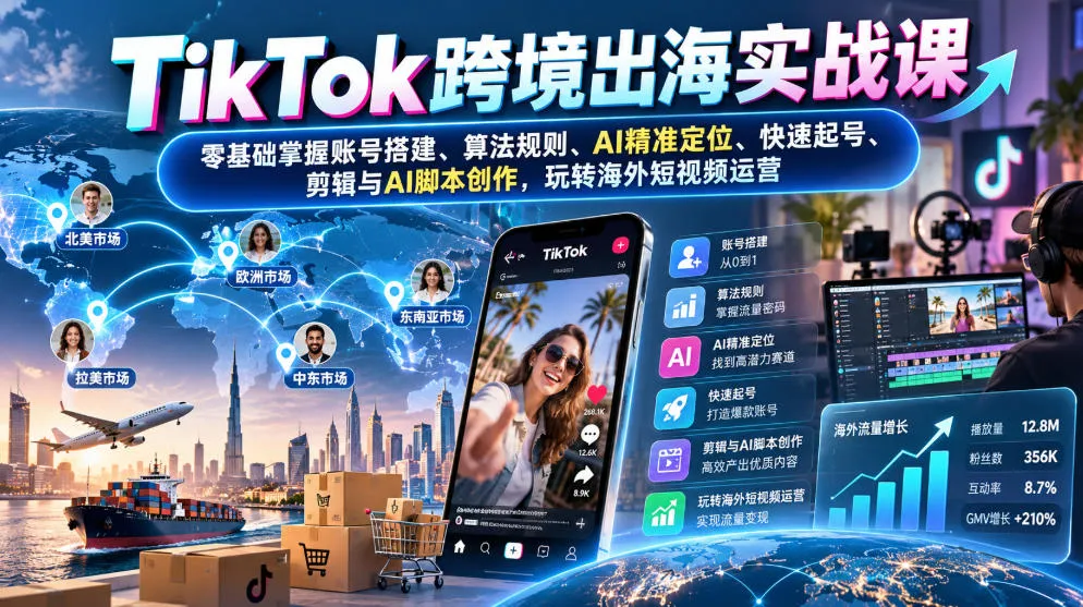 TikTok跨境出海实战课:零基础掌握账号搭建、算法规则、AI精准定位、快速起号、剪辑与AI脚本创作,玩转海外短视频运营-智富思维学堂