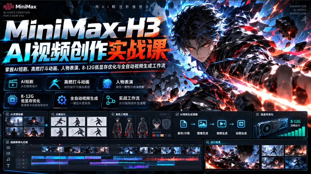 MiniMax-H3 AI视频创作实战课,掌握AI短剧、高燃打斗动画、人物表演、8-12G低显存优化与全自动视频生成工作流-智富思维学堂