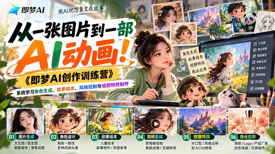 【无水印】从一张图片到一部AI动画!《即梦AI创作训练营》系统学习角色生成、故事绘本、风格控制与视频特效制作-智富思维学堂