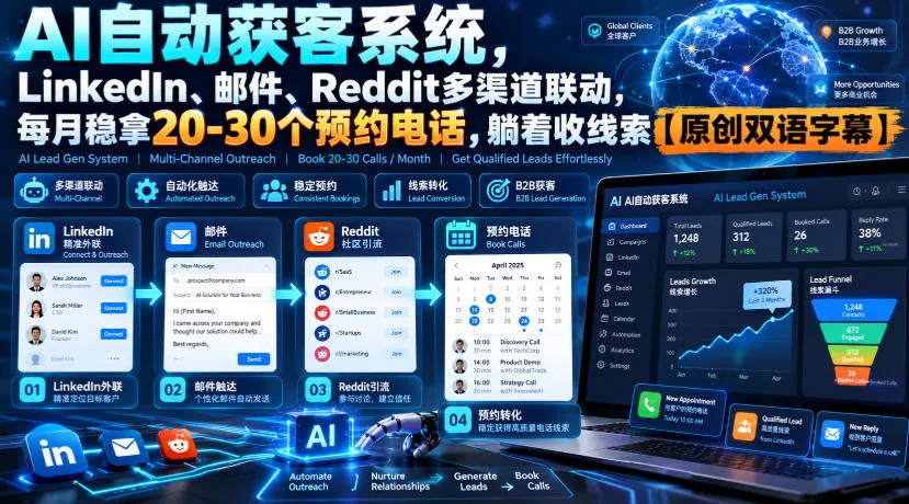 【无水印】AI自动获客系统,LinkedIn、邮件、Reddit多渠道联动,每月稳拿20-30个预约电话,躺着收线索【原创双语字幕】-智富思维学堂