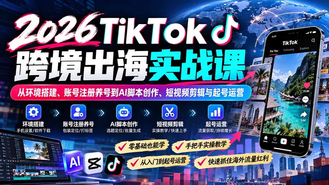 2026TikTok跨境出海实战课:从环境搭建、账号注册养号到AI脚本创作、短视频剪辑与起号运营-智富思维学堂