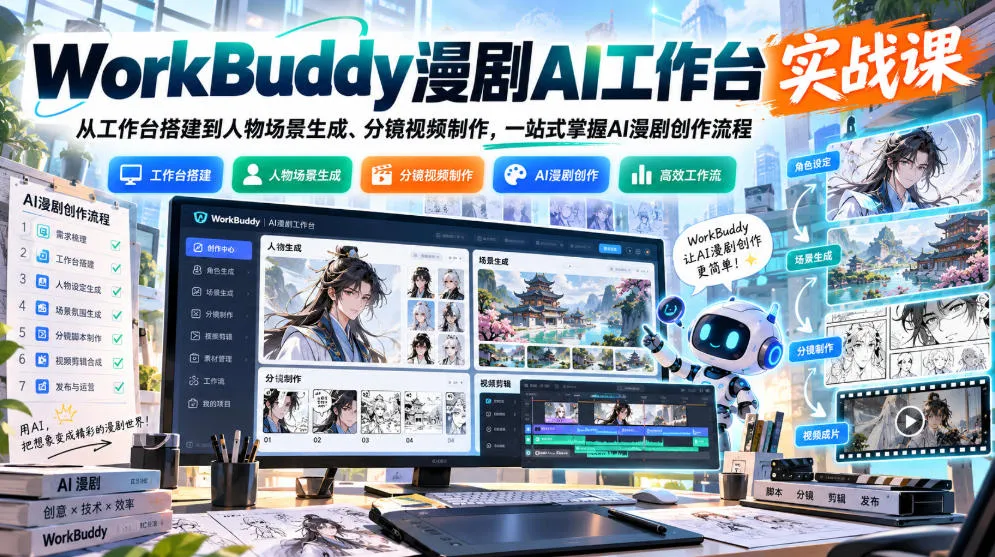 WorkBuddy漫剧AI工作台实战课:从工作台搭建到人物场景生成、分镜视频制作,一站式掌握AI漫剧创作流程-智富思维学堂