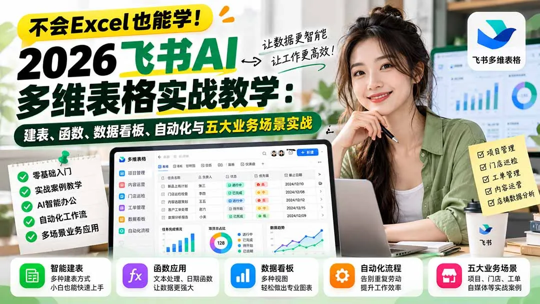图片[2]-不会Excel也能学！2026飞书AI多维表格实战教学：建表、函数、数据看板、自动化与五大业务场景实战-智富思维学堂