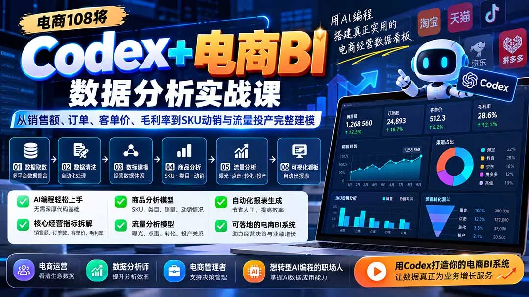 Codex+电商BI数据分析实战课-更新1026:从销售额、订单、客单价、毛利率到SKU动销与流量投产完整建模-智富思维学堂