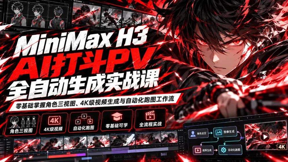MiniMax H3 AI打斗PV全自动生成实战课:零基础掌握角色三视图、4K级视频生成与自动化跑图工作流-智富思维学堂
