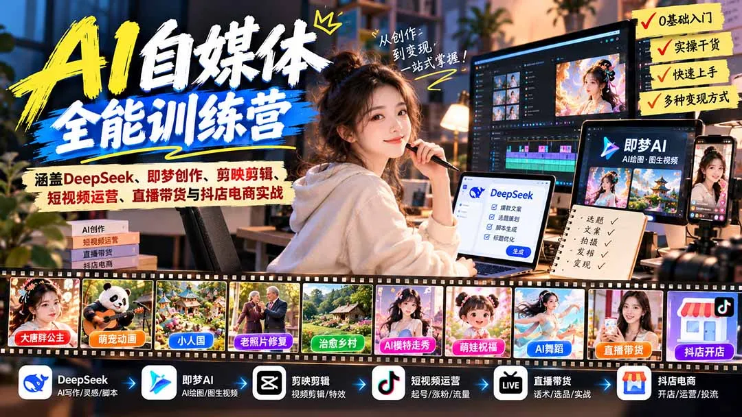 图片[2]-【无水印】AI+自媒体全能训练营：涵盖DeepSeek、即梦创作、剪映剪辑、短视频运营、直播带货与抖店电商实战-智富思维学堂