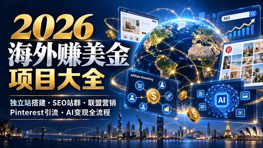 2026海外赚美金项目大全：独立站搭建、SEO站群、联盟营销、Pinterest引流与AI变现全流程-智富思维学堂