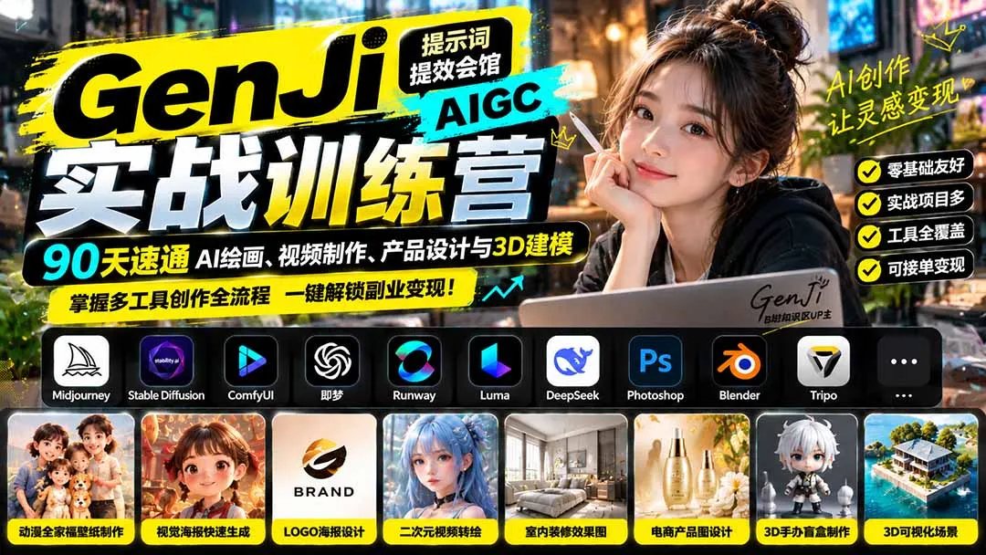 图片[2]-GenJi AIGC实战训练营：90天速通AI绘画、视频制作、产品设计与3D建模，掌握多工具创作全流程-智富思维学堂