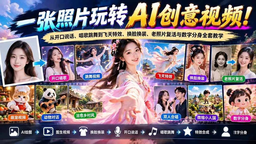图片[2]-一张照片玩转AI创意视频！从开口说话、唱歌跳舞到飞天特效、换脸换装、老照片复活与数字分身全套教学-智富思维学堂