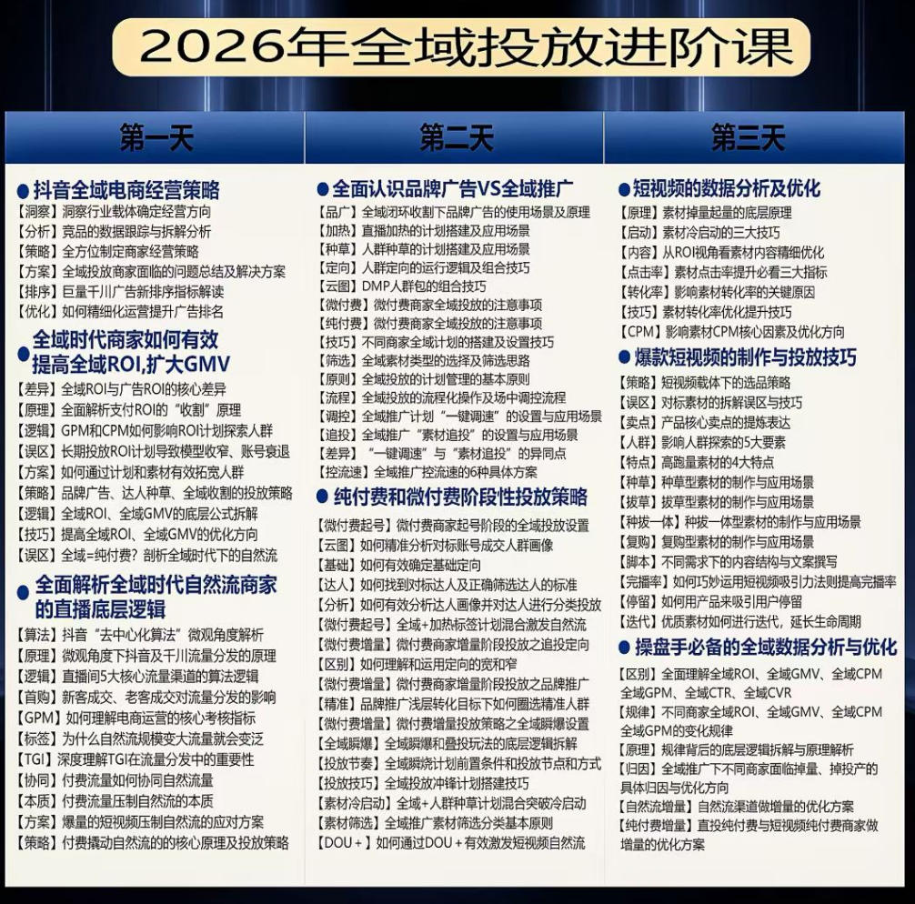 【精】千川扫地僧2026抖音全域投放进阶课,少走弯路·快速起量·掌控增长,6月12-14号杭州线下课(26年10月更新)-副业吧 【精】千川扫地僧2026抖音全域投放进阶课,少走弯路·快速起量·掌控增长,6月12-14号杭州线下课(26年10月更新)-副业吧