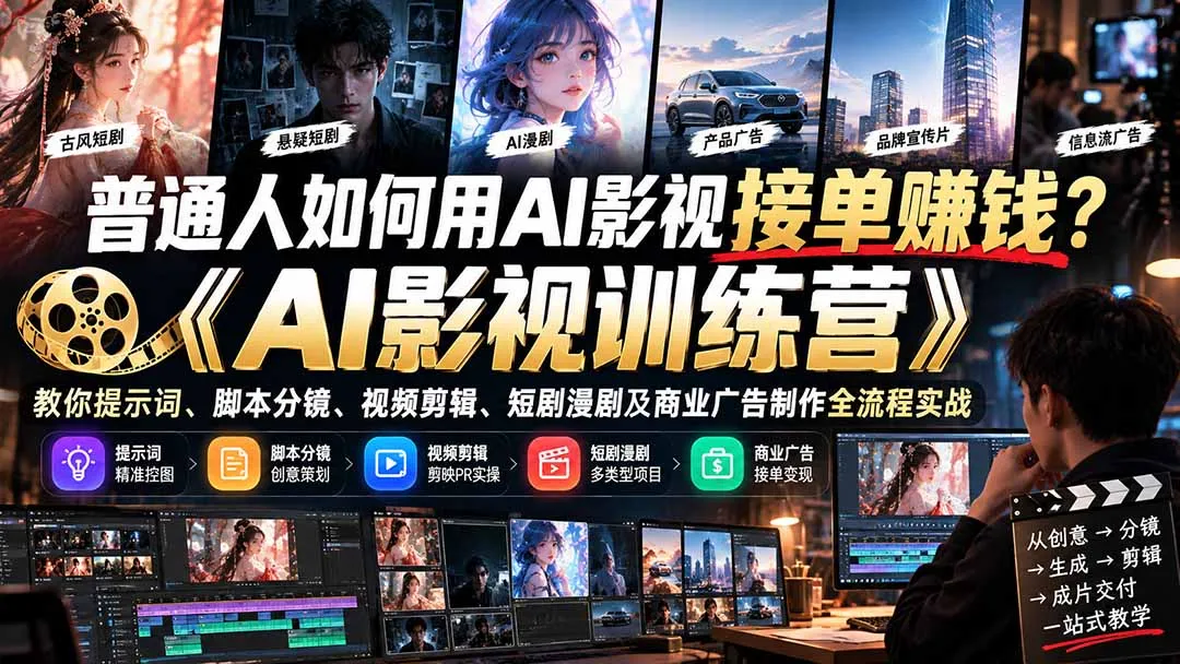 图片[2]-普通人如何用AI影视接单赚钱？《AI影视训练营》教你提示词、脚本分镜、视频剪辑、短剧漫剧及商业广告制作全流程实战-智富思维学堂