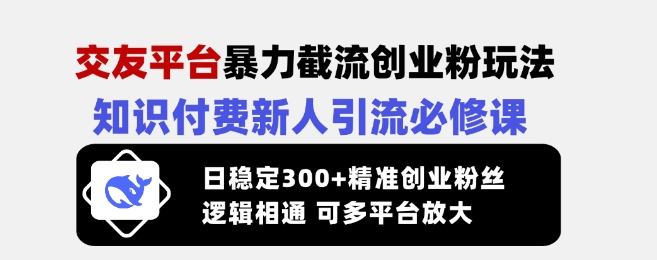 交友平台暴力截流创业粉玩法，知识付费新人引流必修课，日稳定300+精准创业粉丝，逻辑相通可多平台放大-智富思维学堂